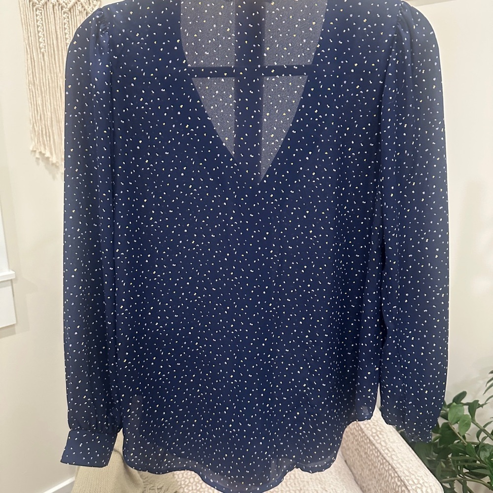 Lush Navy Dot Print V-Neck Long Sleeve Blouse Size S - Picture 4 of 7